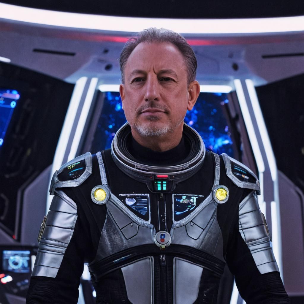 Sleek Spaceship Captain in Neon-Lit Galaxy Command Center
