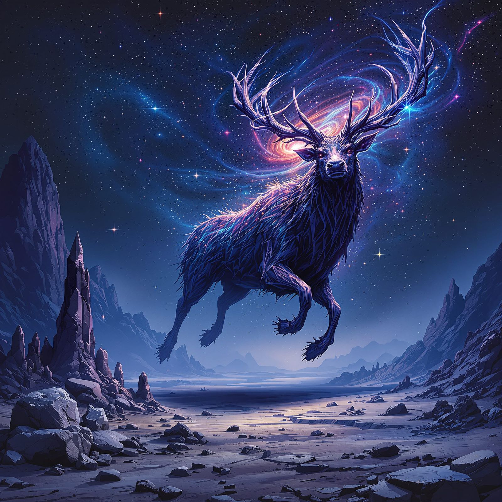 Cosmic Deer Charges Through Alien Landscape