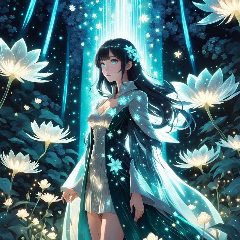 Anime Girl Shines with Biofluorescent Glow in Night Sky