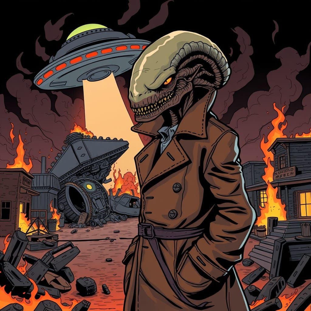 Half-Xenomorph Detective Inspects UFO Crash Site