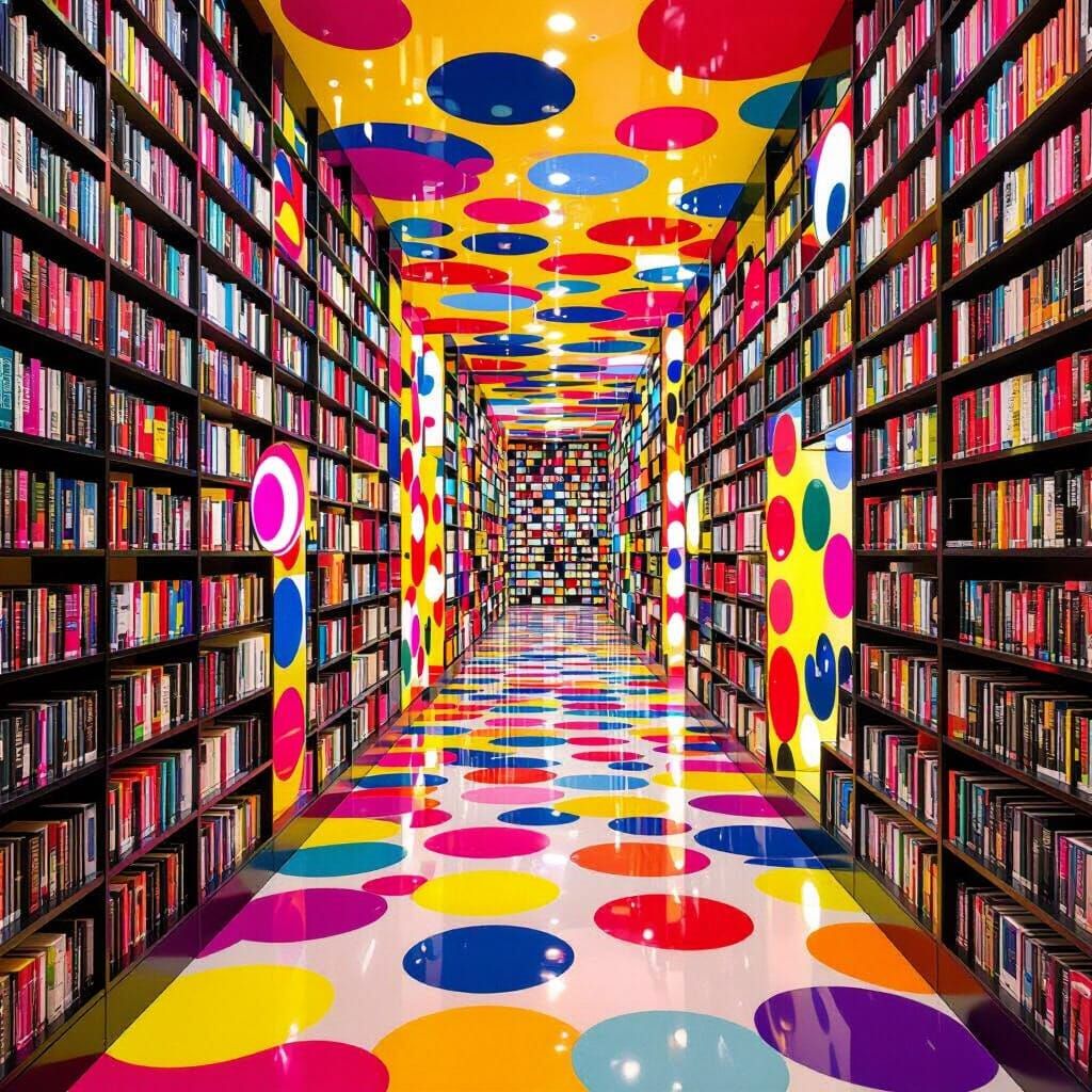 Vibrant Polka Dot Library in Yayoi Kusama Style