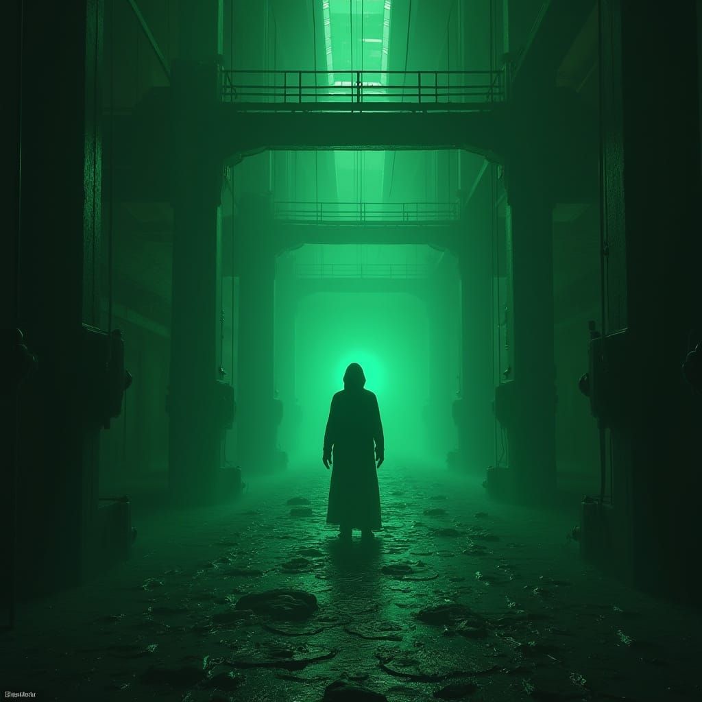 Ominous Green Glow in Dystopian Factory