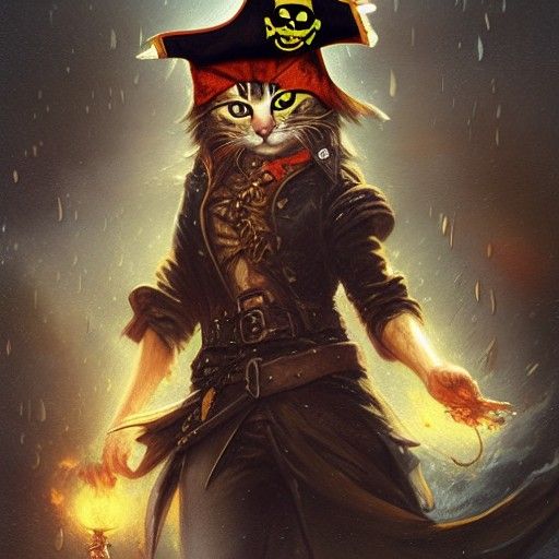 Pirate Cat with Eye Patch in Golden Rain