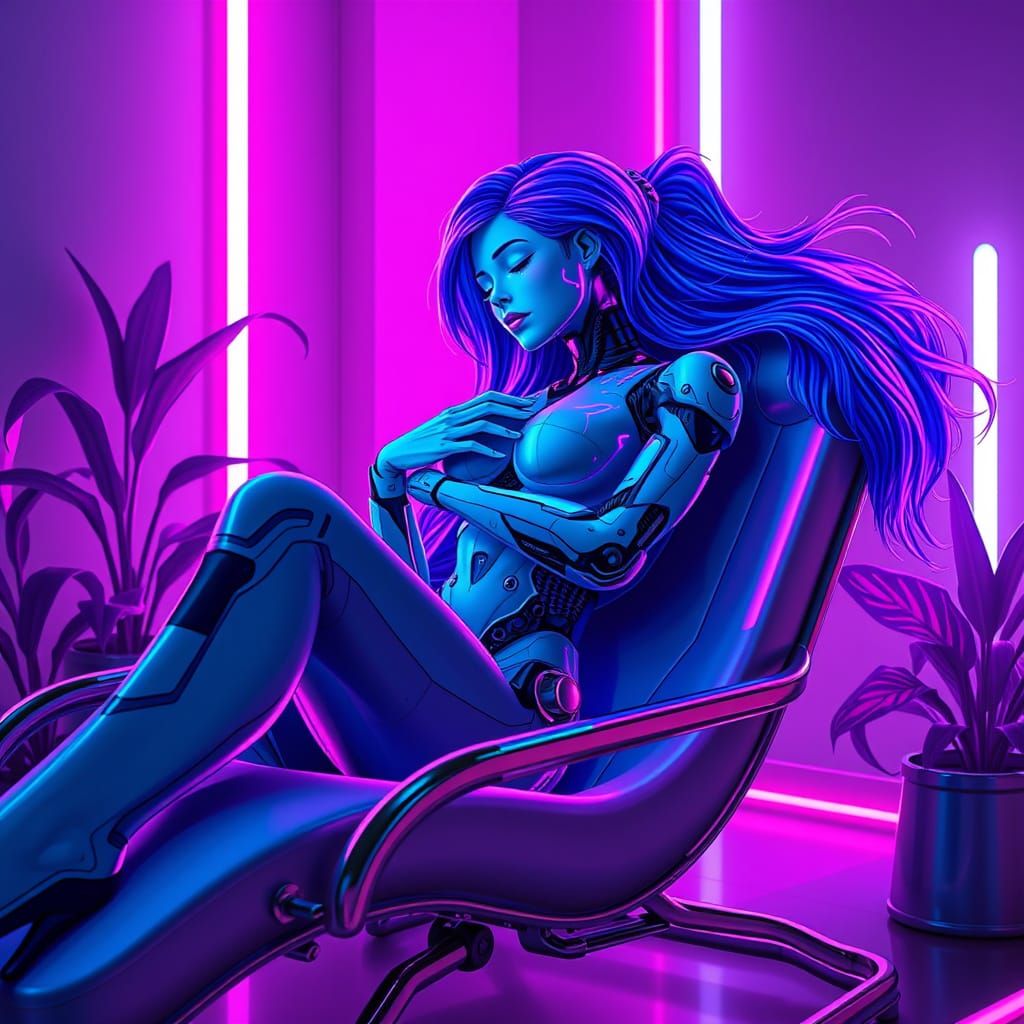 “A futuristic, female humanoid android sitting on a sleek sc...