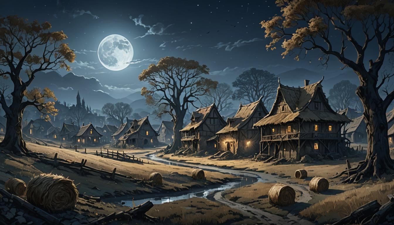 Moonlit Romanian Village: Renaissance Fantasy Concept Art