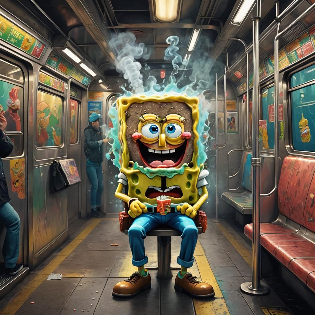 Spongebob and Patrick Smoking: Hyperrealistic Subway Art