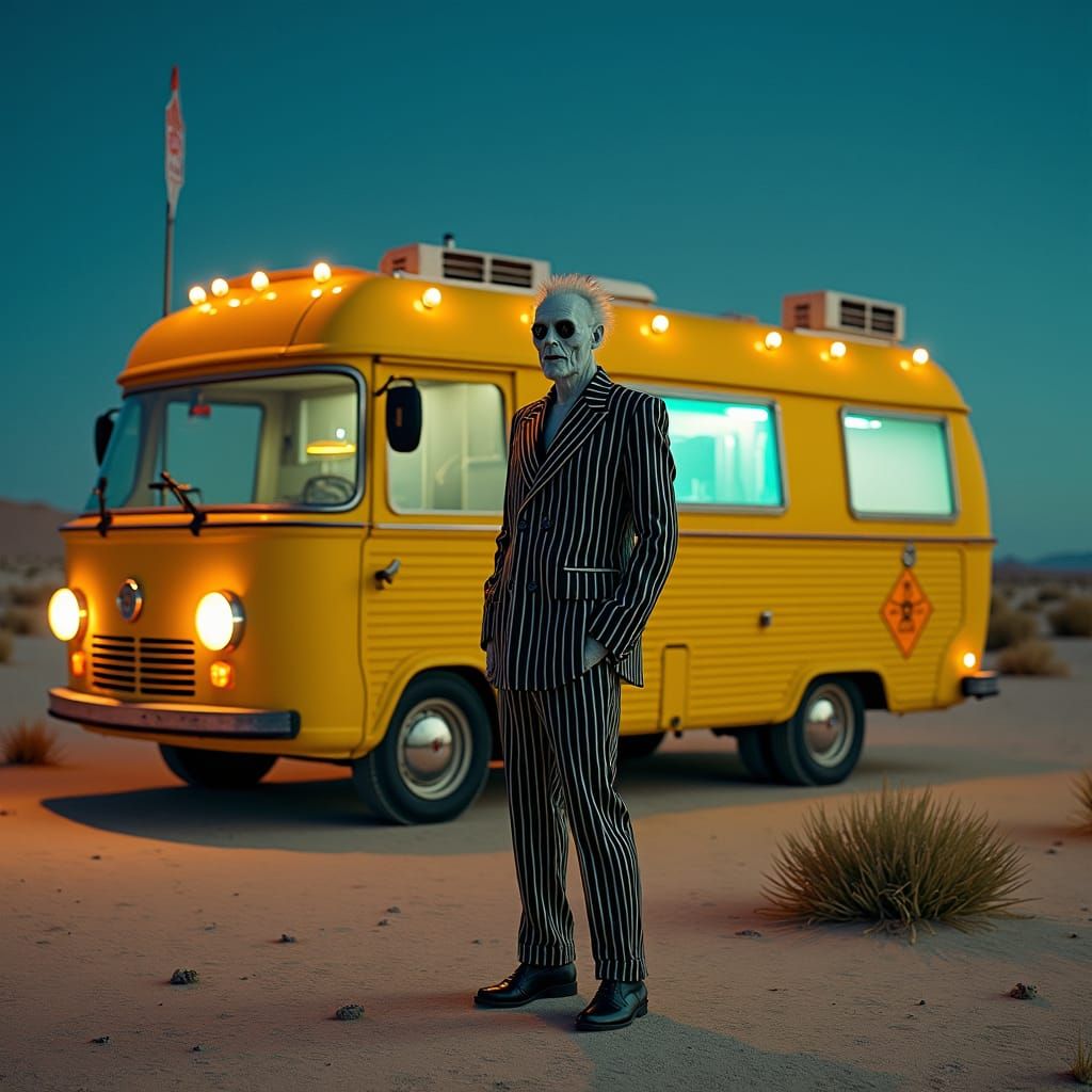 Beetlejuice in Desert Lab, Blending Burton and Grungy Styles