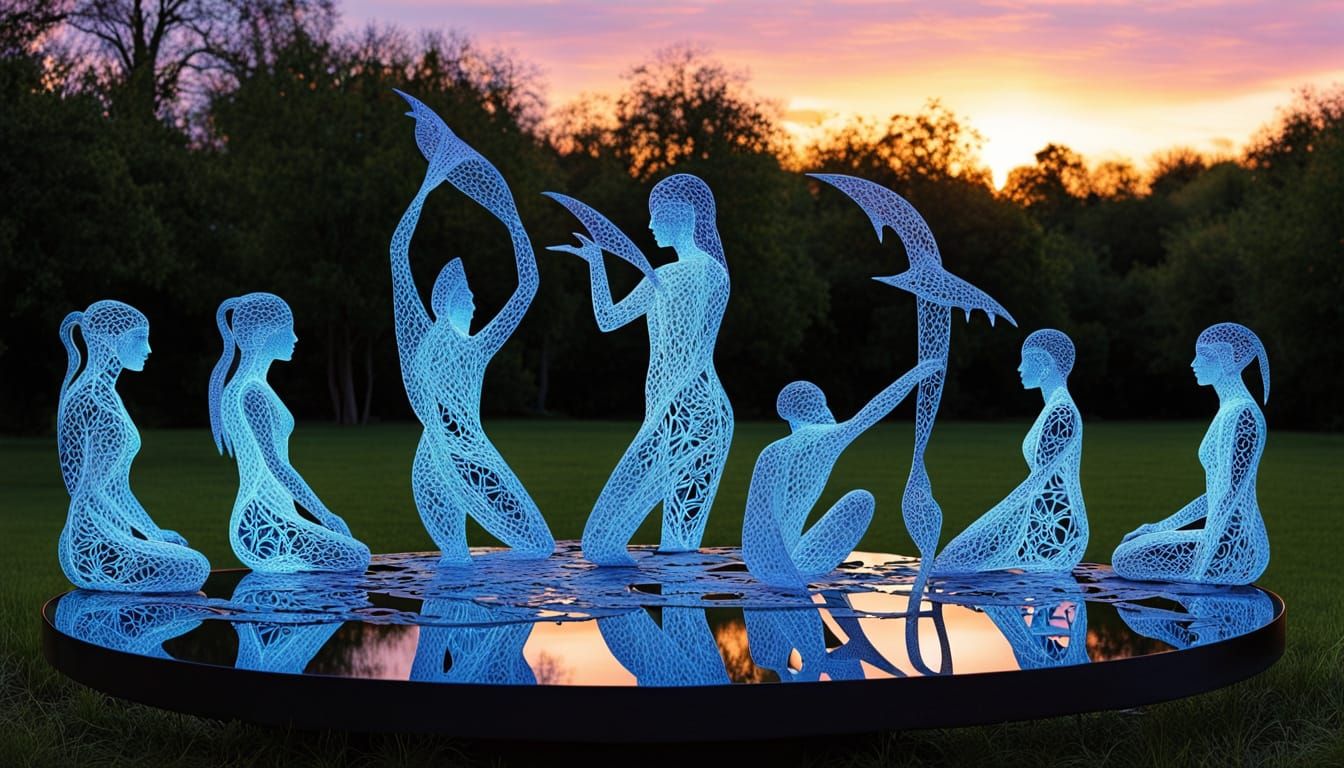 Surreal Sculpture of Women with Broken Mirrors in Vibrant Su...