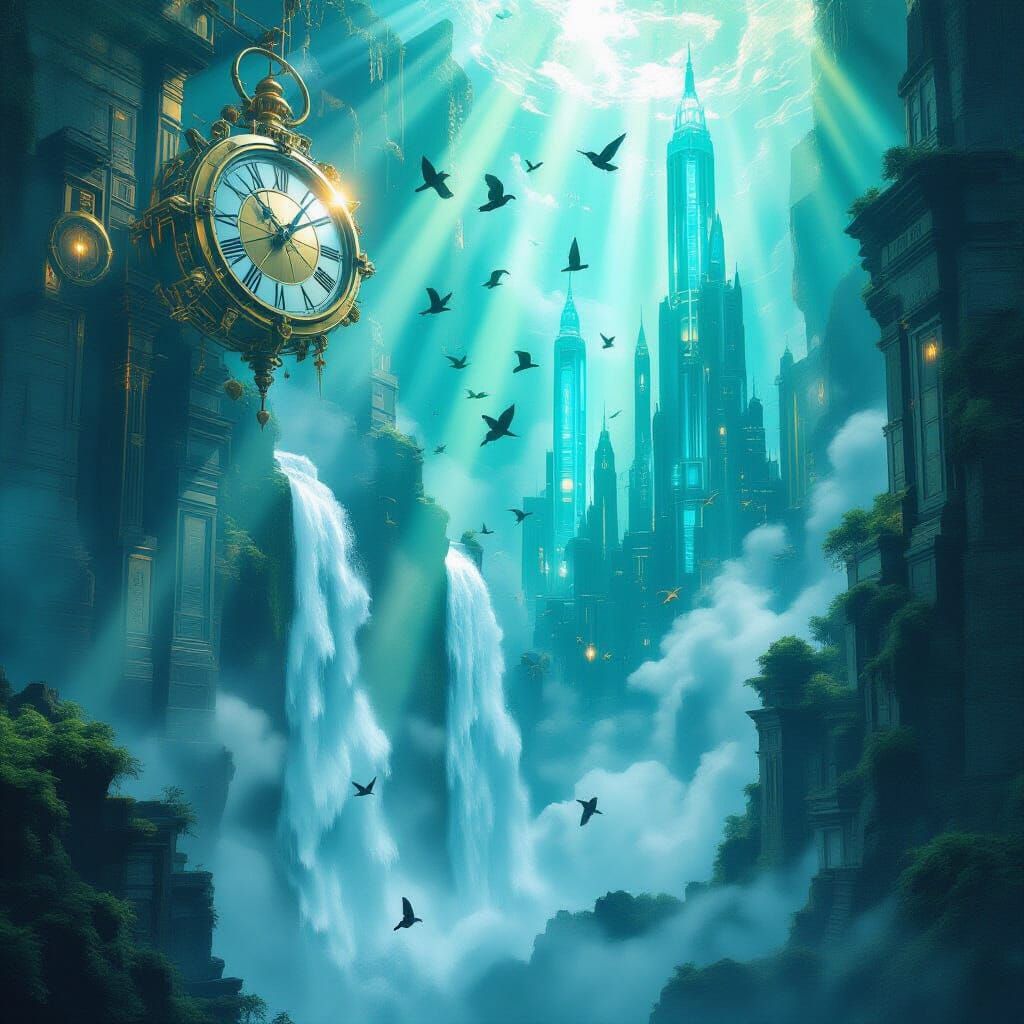 Time-Frozen Surreal Scene in Dreamlike Cinematic Style