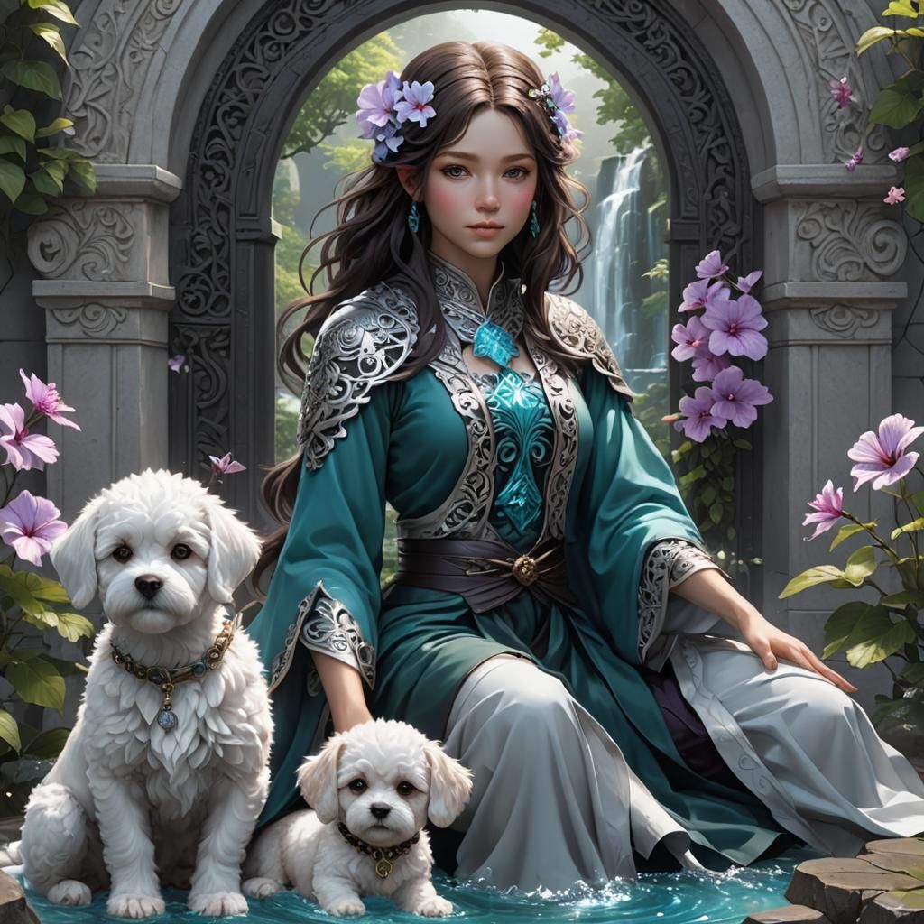 Hibiscus Portal with Elf Woman and Puppy in Anime Style