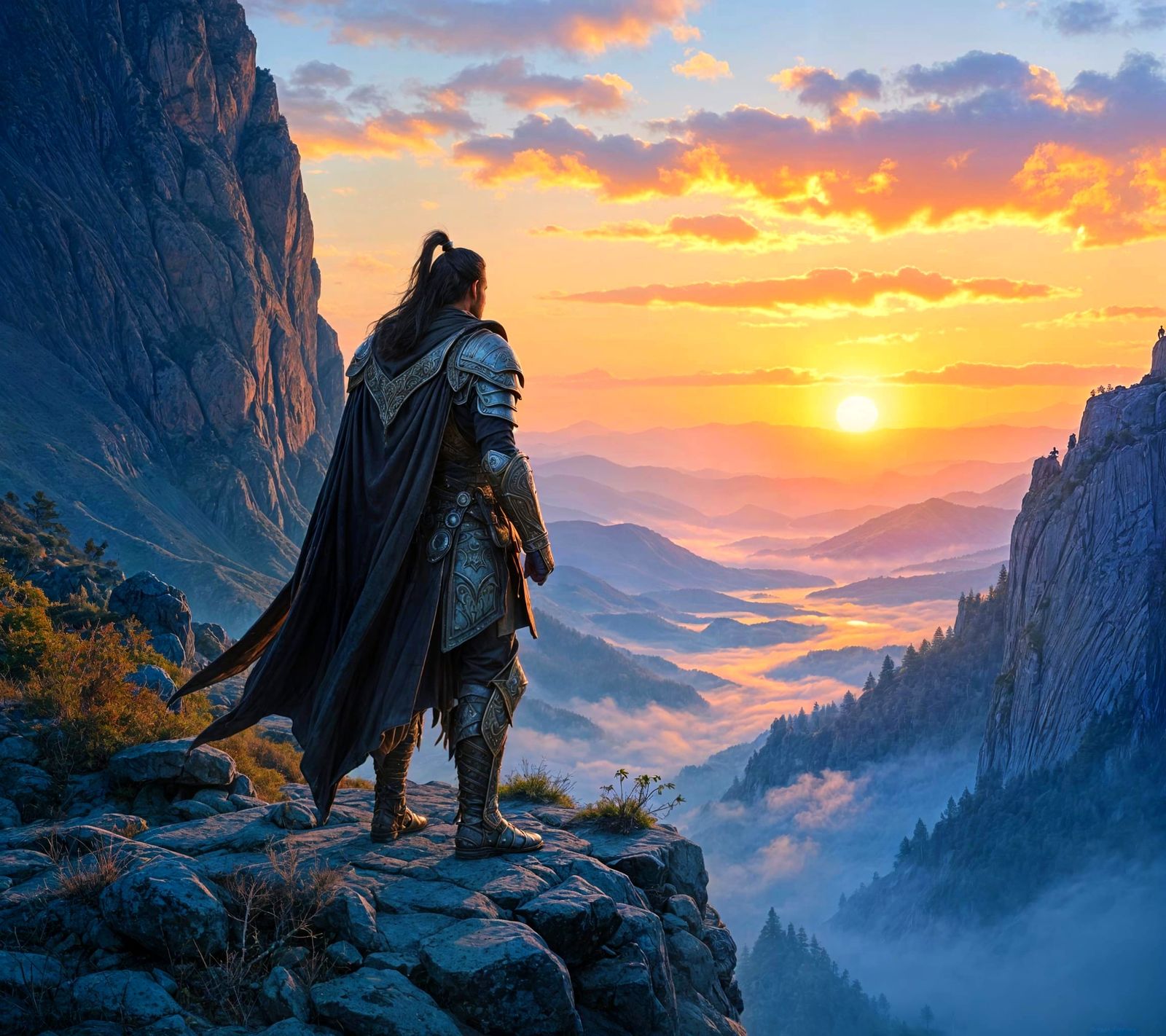 Warrior on Cliff at Dawn, Hyperrealistic Digital Oil Paintin...