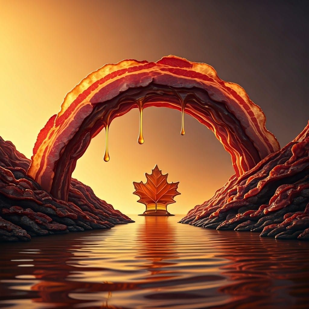 Bacon bridge arching over a river of maple syrup