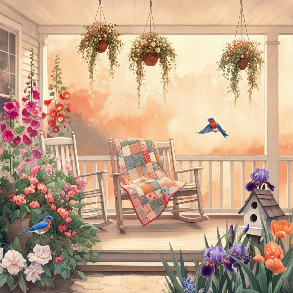 Whimsical Watercolor Porch Scene in Art Nouveau Style