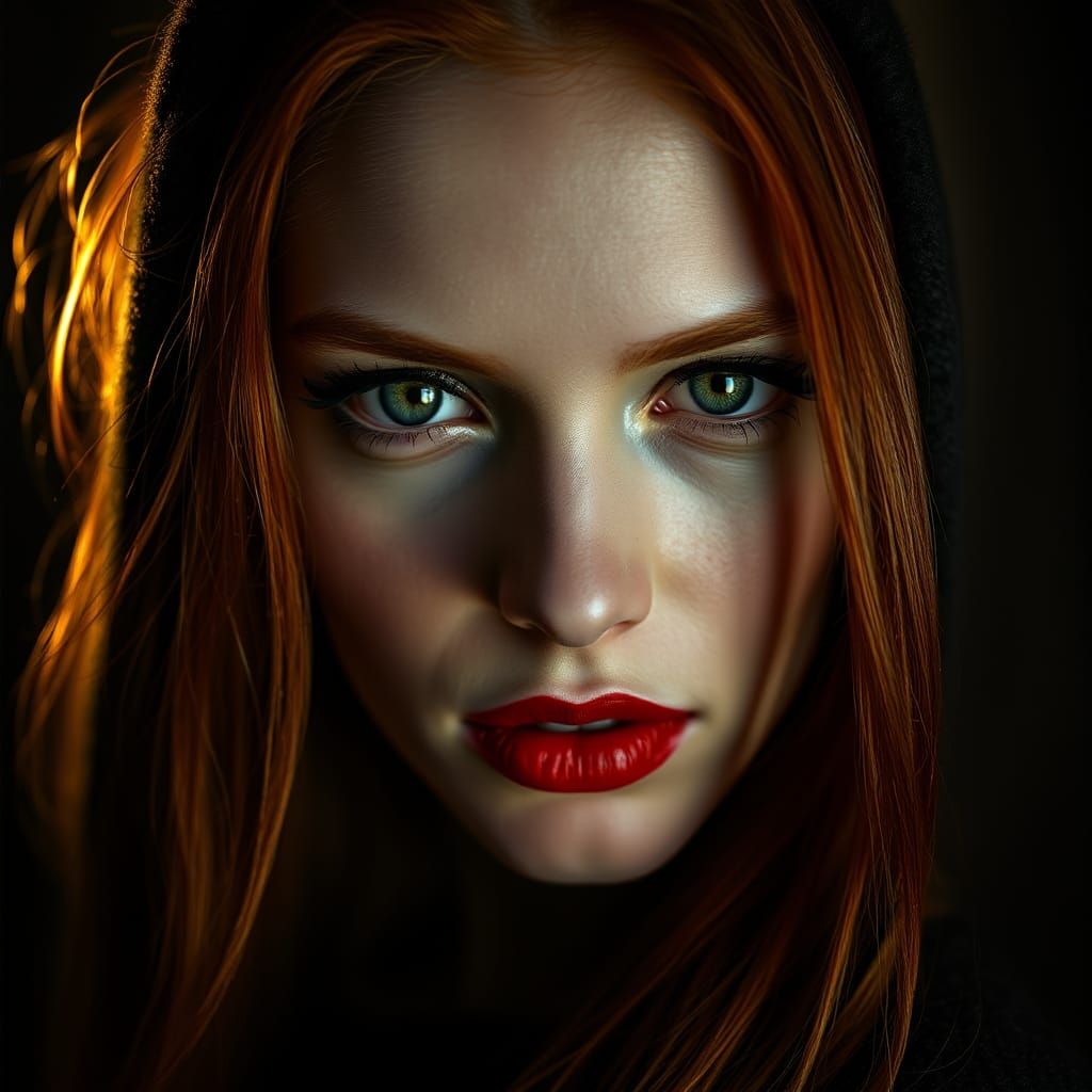 Woman with Fiery Hair, Ruby Lips Portrait