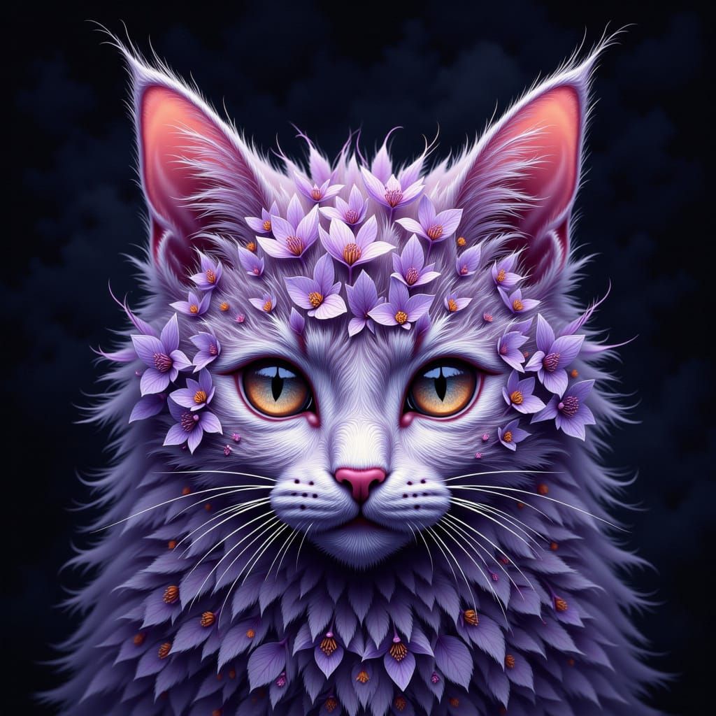 Botanical Cat Face Art with Lavender & White Flowers