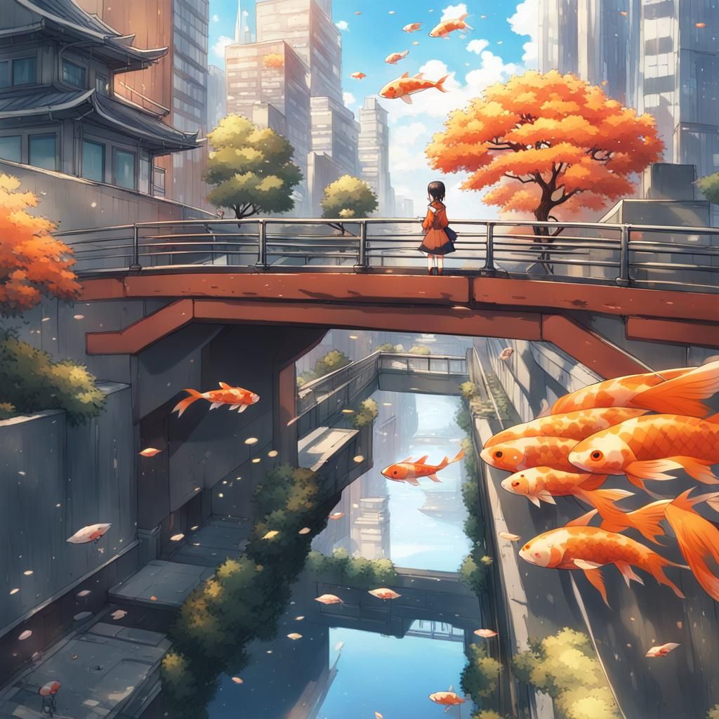 Futuristic Anime City with Koi Fish and Girl