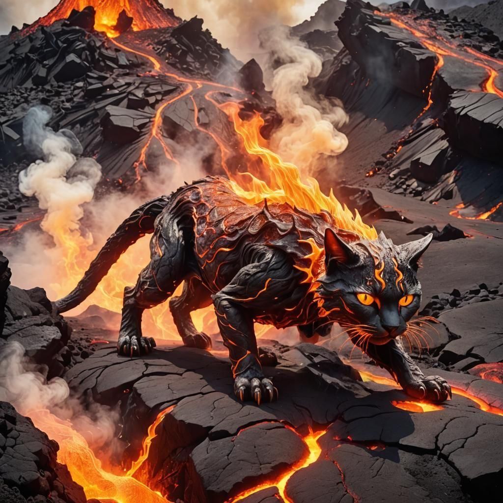 lava-like humanoid furry cat crawling across a volcanic surf...