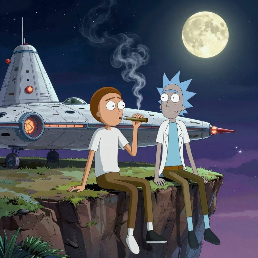 Rick and Morty Smoking on Cliff Edge Under Moonlight