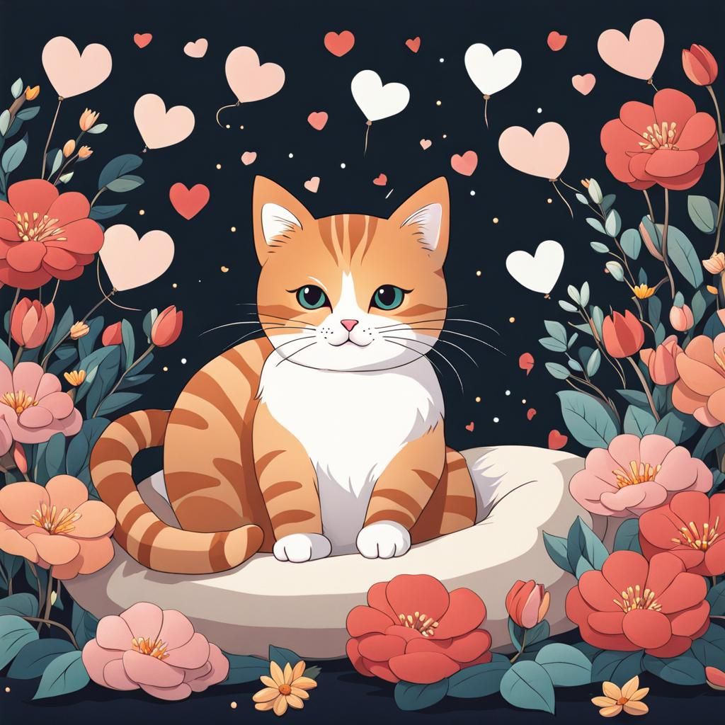 Cute Cat Surrounded by Flowers in Whimsical Style