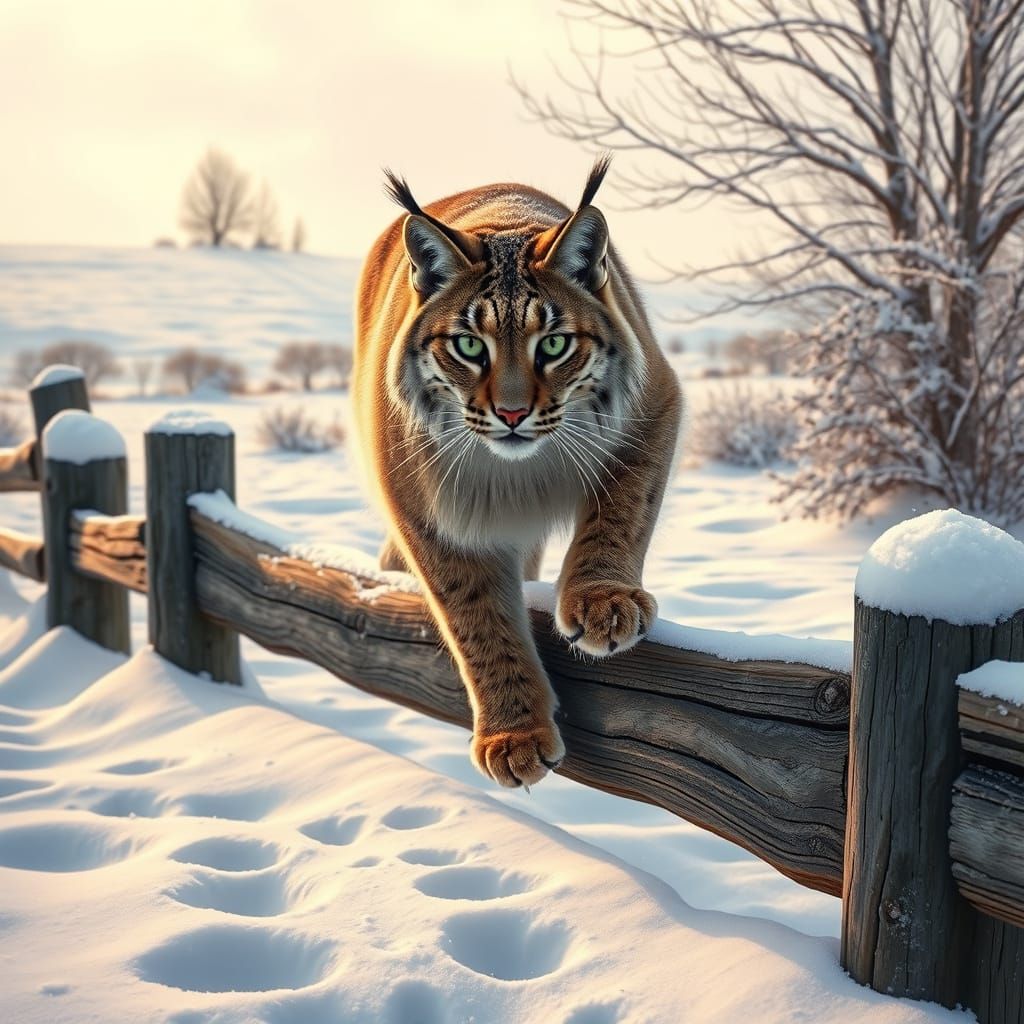 Surreal Winter Bobcat on Wooden Fence