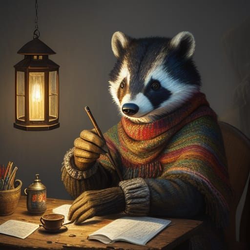 Badger Knitting a Scarf in Cozy Burrow Oil Painting