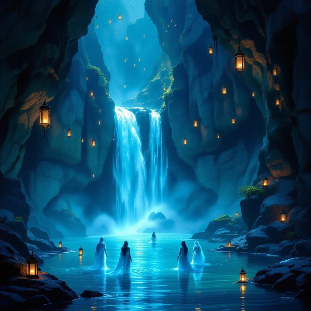 Mystical Waterfall in Luminous Canyon with Ethereal Beings