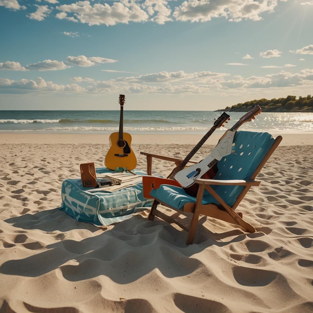 Vibrant Summer Beach Scene with Guitar