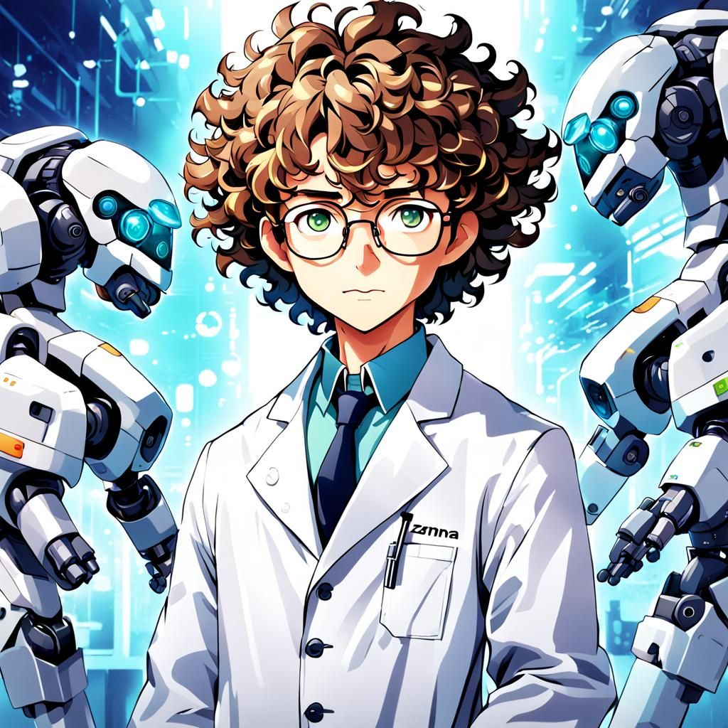 Manga-Inspired Scientist in White Lab Coat with Robotic Dril...