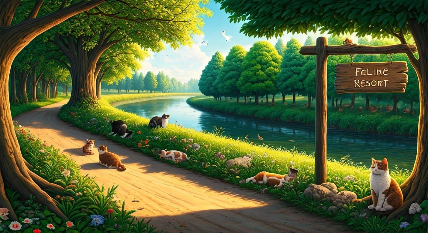 Idyllic River Scene with Cats in Beatrix Potter Style