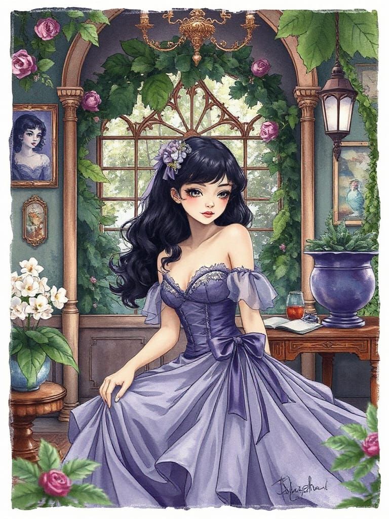 Victorian Woman in Dreamy Manga Watercolor Style