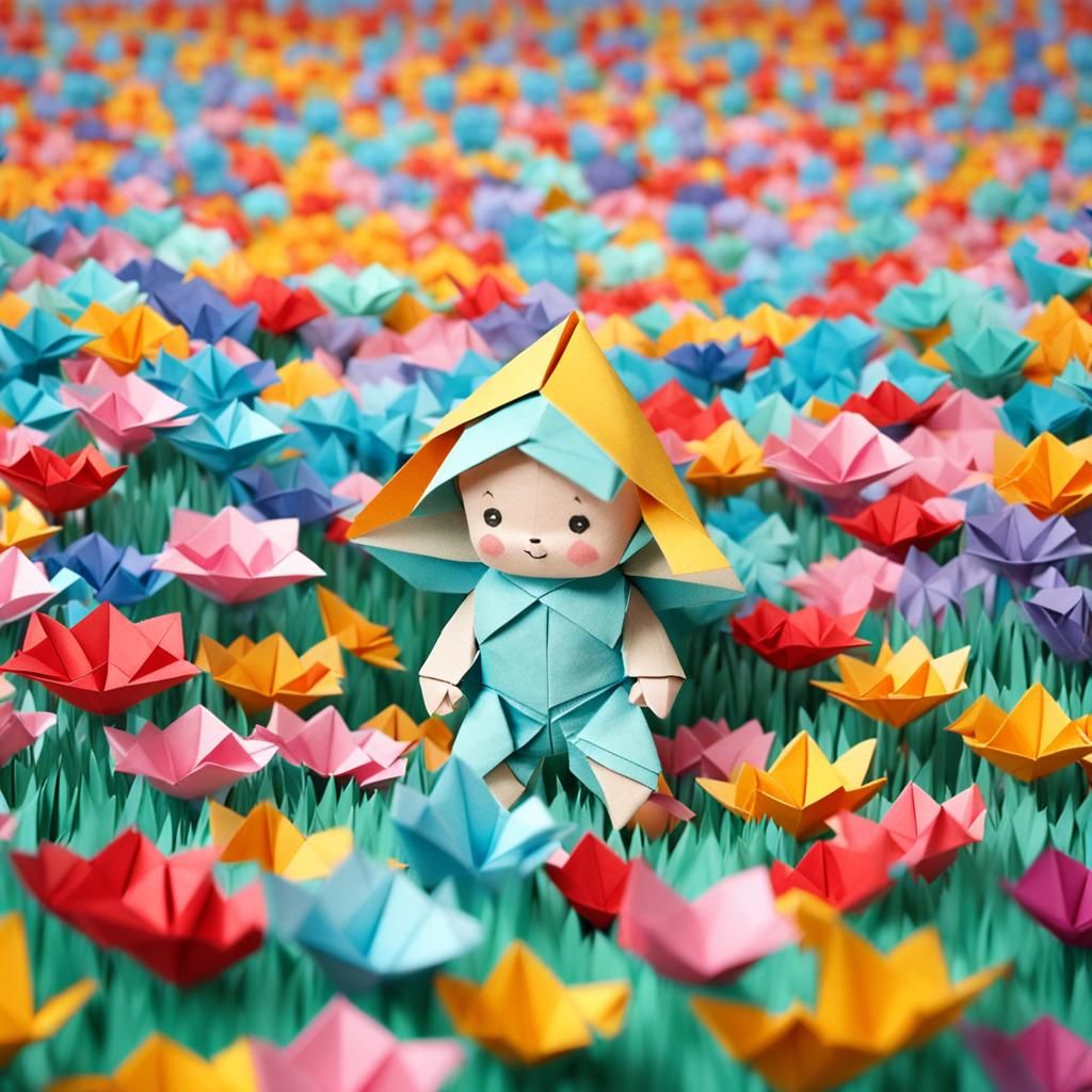 Cute Origami Baby in Flower Field Papercraft