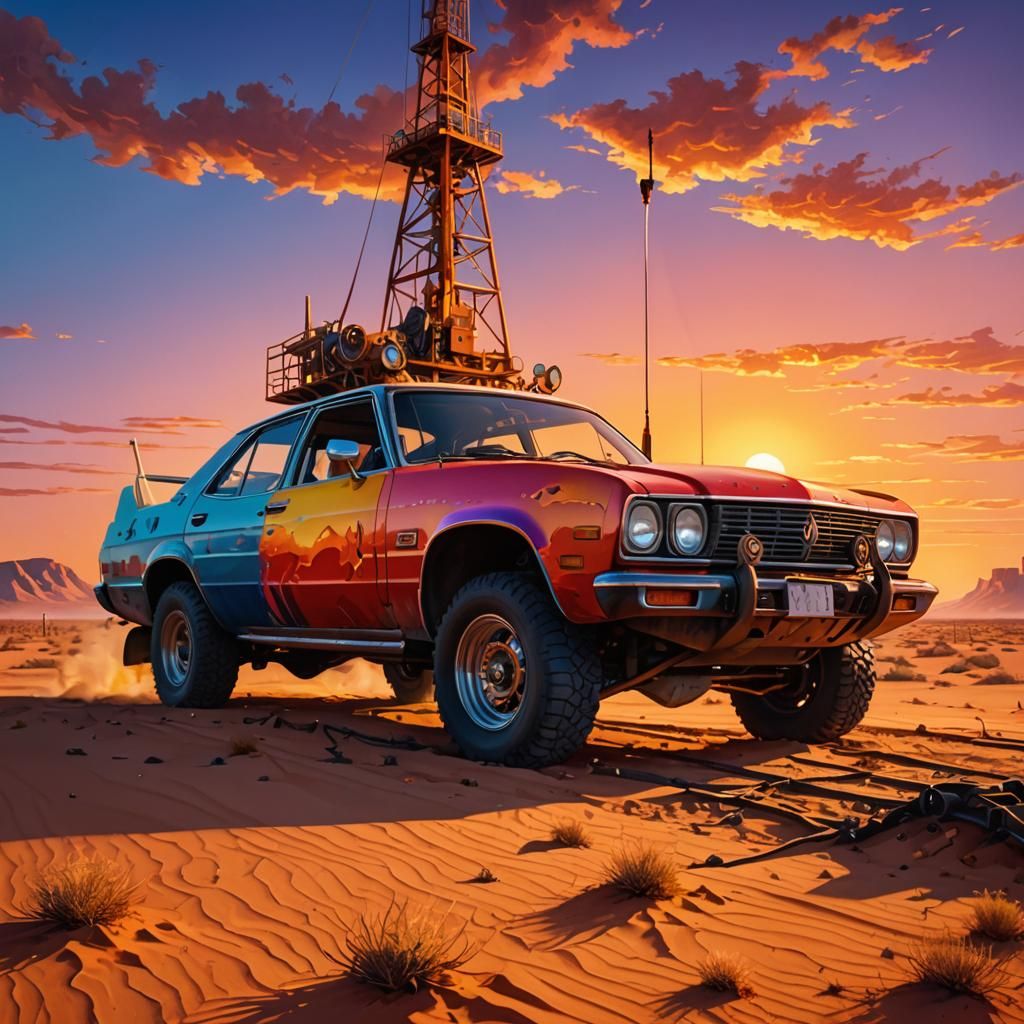 Surreal Desert Refueling: Oil Painting with Neon Lights
