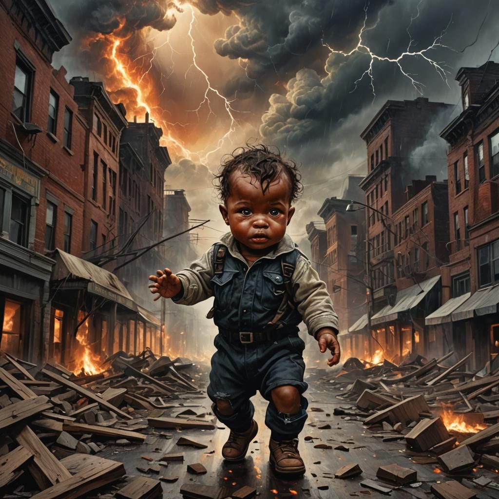 Sinister Newborn in Burning City, Dark Fantasy Art