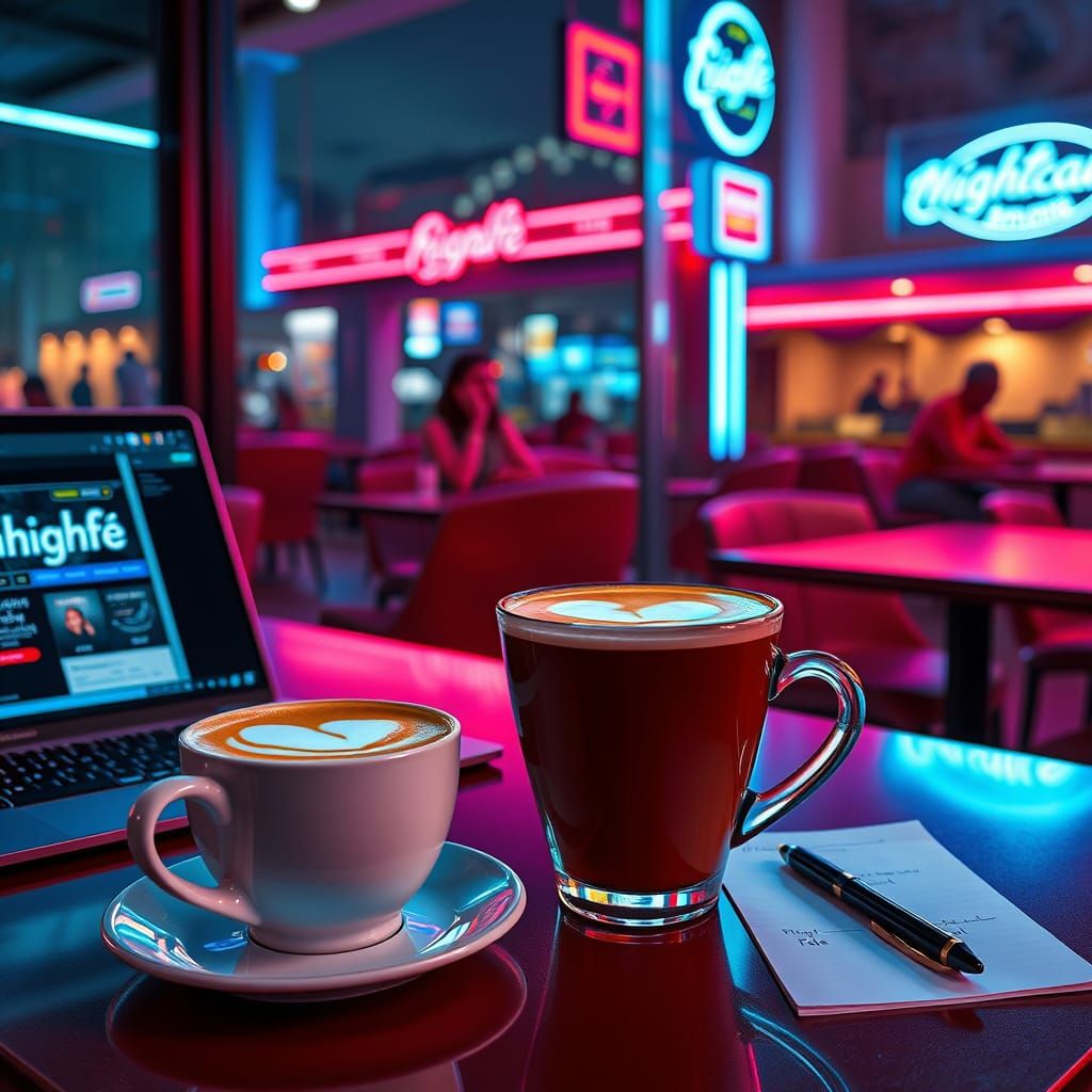 Heart Coffee in Neon Restaurant, Syd Mead Style