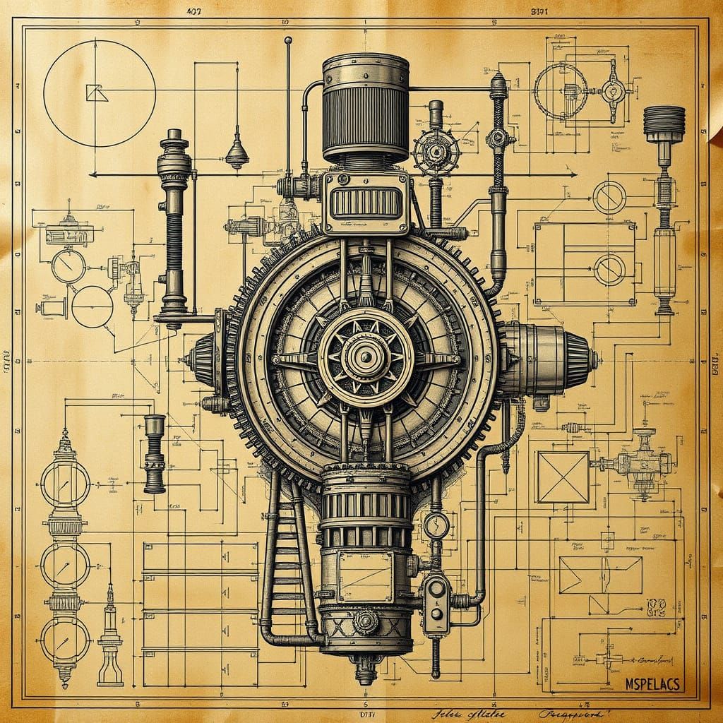Schematics of an Steampunk dampengine structure ; schematic diagram :: mechanics :: blueprints by Ismail Inceoglu and Le...