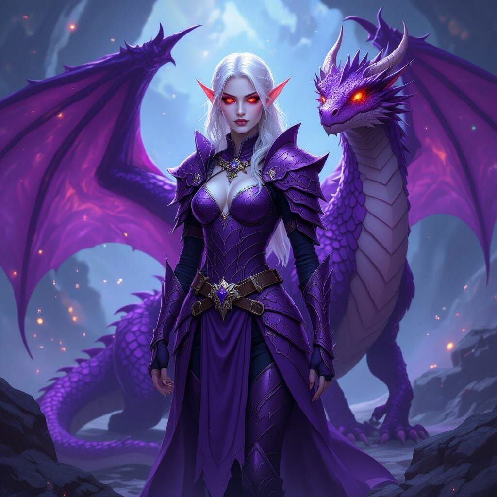 Astral Elf and Purple Dragon in Epic Fantasy Illustration