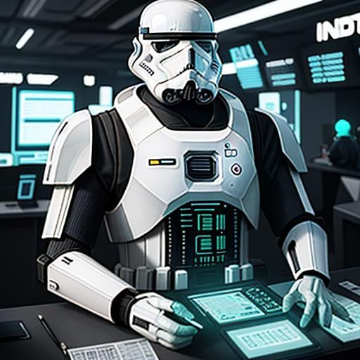Cyberpunk Stormtrooper Genius in Imperial Office