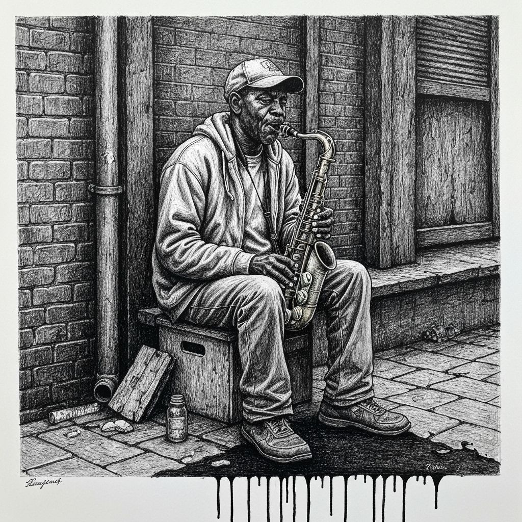 Homeless Saxophonist in Dark Alley: Ink and Charcoal Art