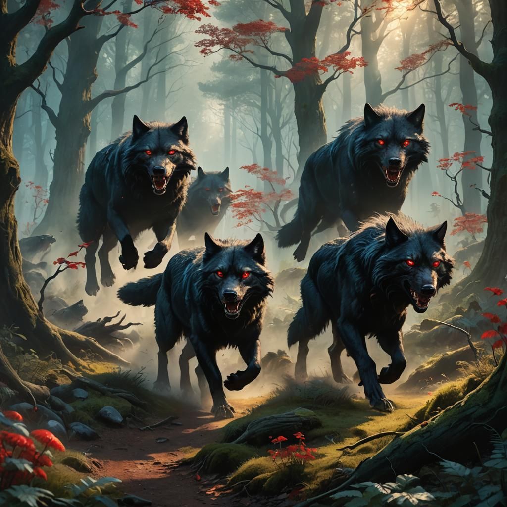 Giant Wolves in Enchanted Forest, Fantasy Art