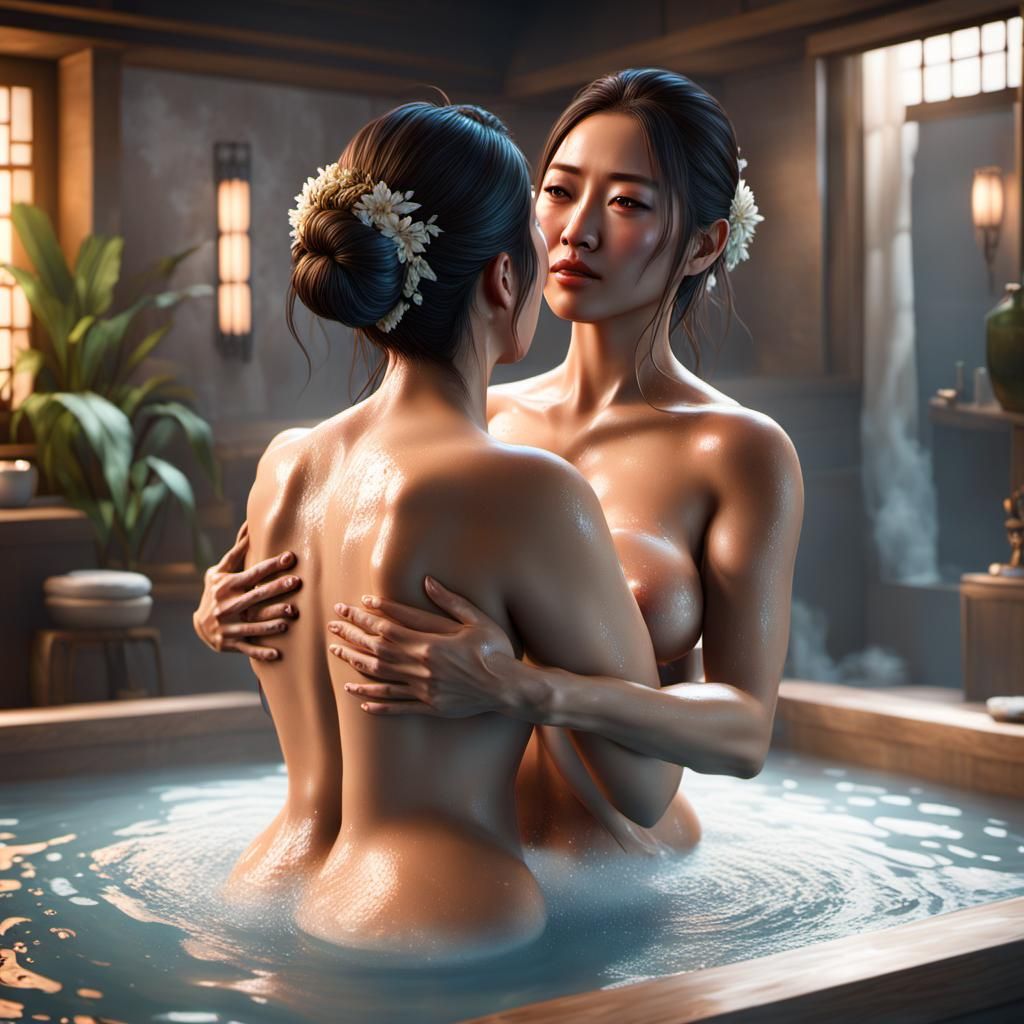 Japanese Woman and Husband in Bath, Hyperrealistic Art
