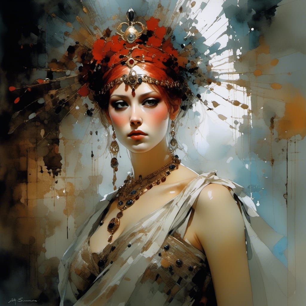 Goddess Portrait in Watercolor Style with Detailed Eyes