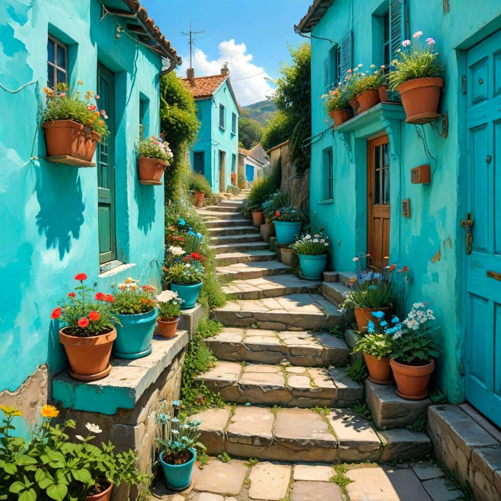Turquoise Harbor View from Stone Steps, Oil Painting