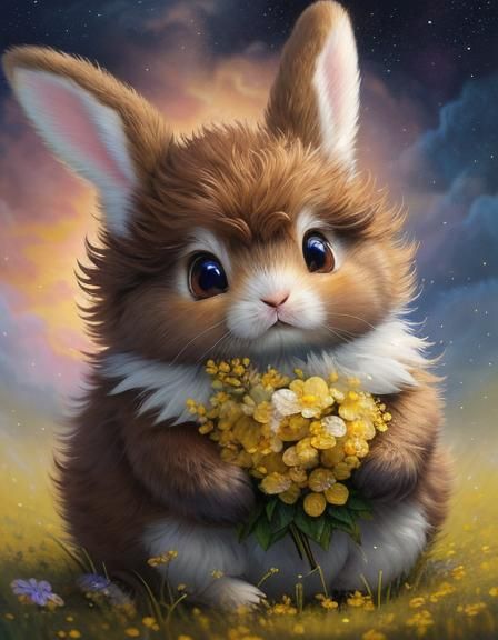 Fluffy Bunny in Flower Rain: Detailed Oil Painting