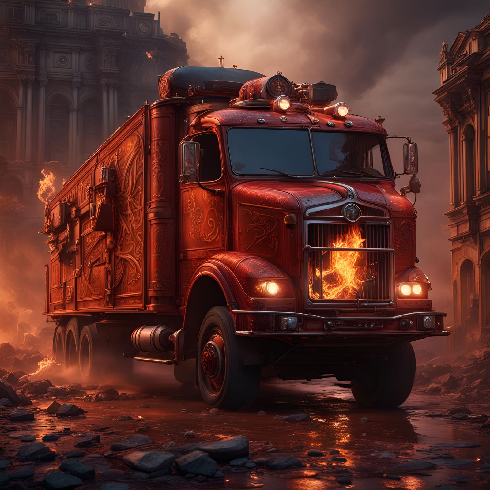 Fire Engine in Burning City: Detailed Matte Painting