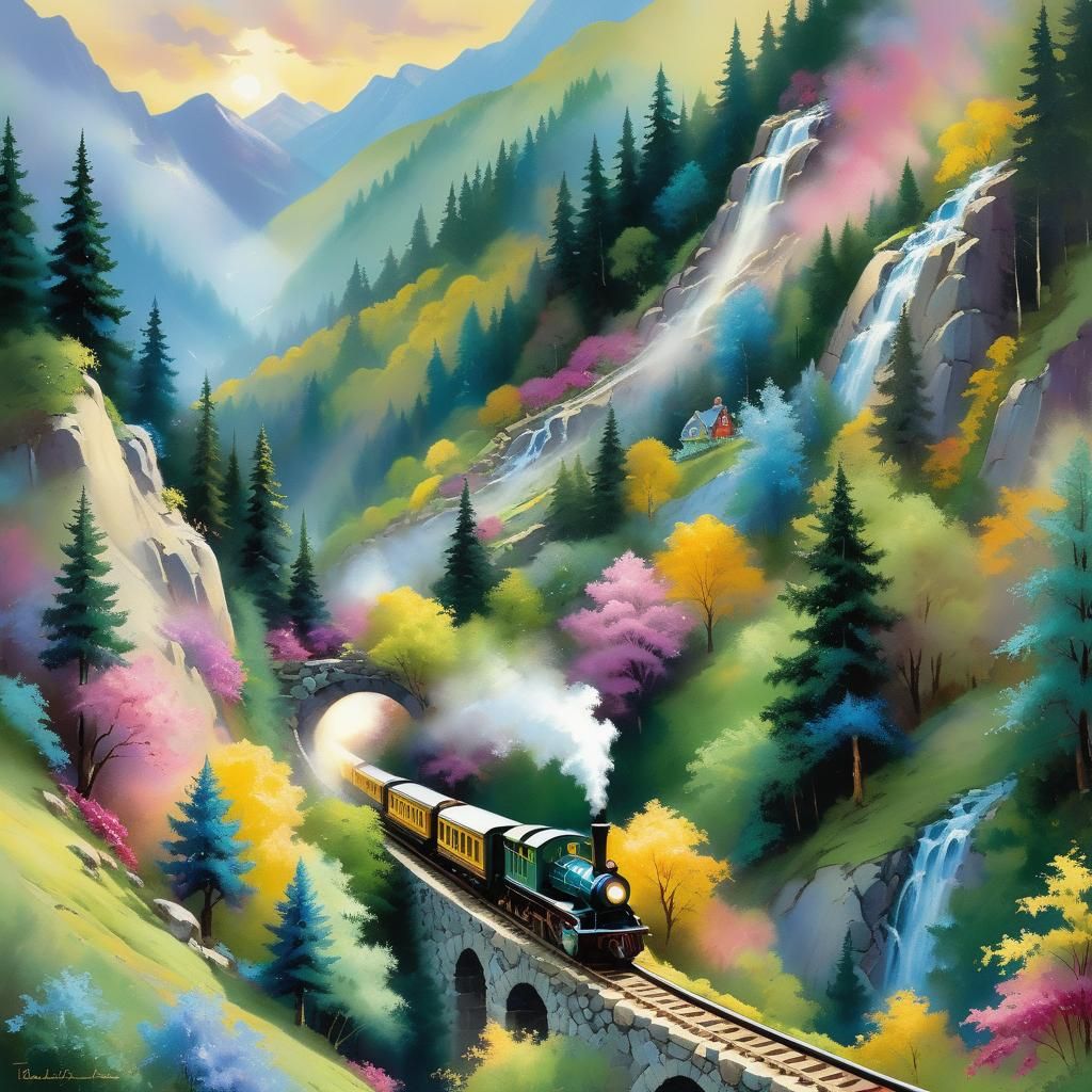 Magical Mountain Train in Watercolor Landscape Painting