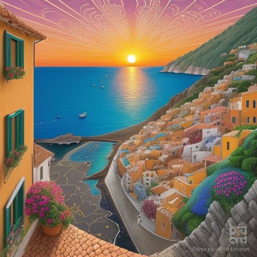 Abstract Italian Coastal Village at Sunset