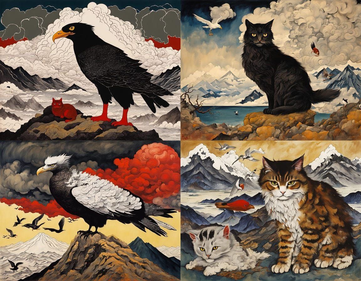 Surreal Japanese Hybrid Beast Rises Amidst Stormy Mountains