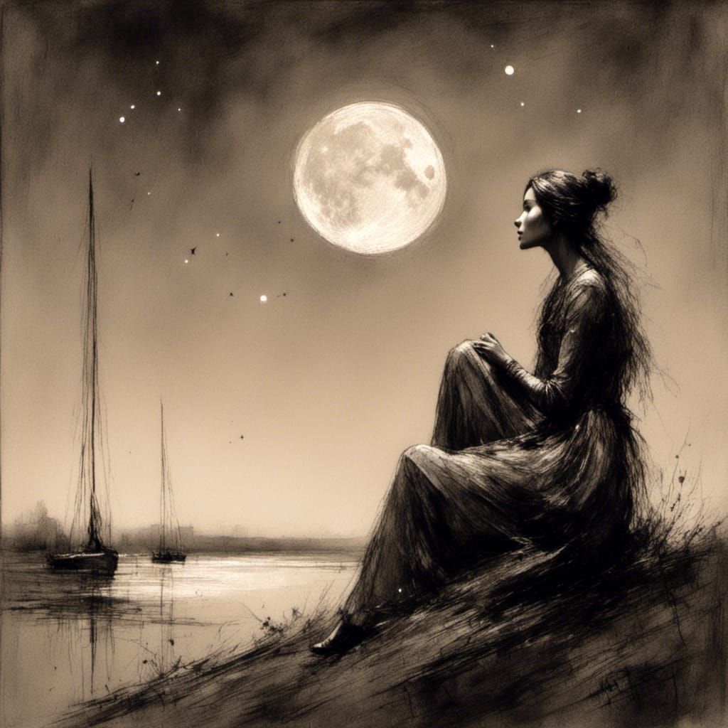 Woman Contemplating the Moon in Cinematic Style