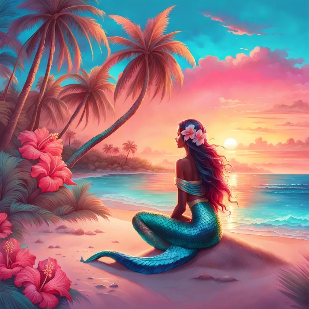 Mermaid on Tropical Beach at Sunset