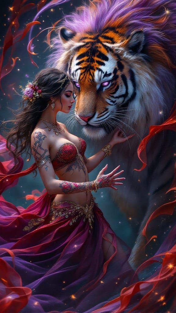 Ethereal Belly Dancer with Tiger in Whimsical, Art Nouveau-I...